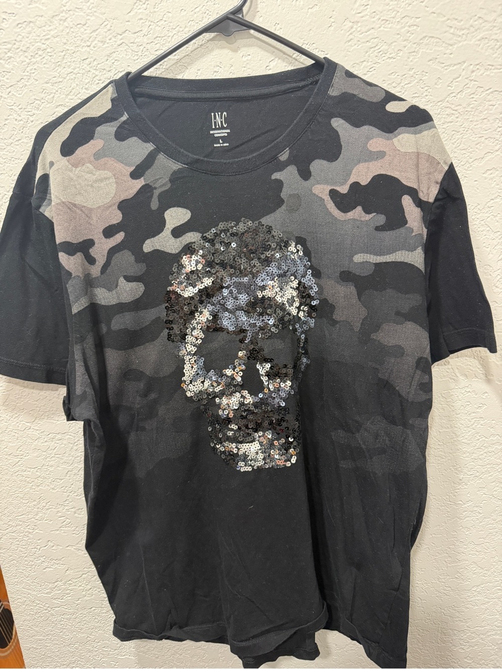 I.N.C. Sequined Skull Camo Tee - Black & Gray